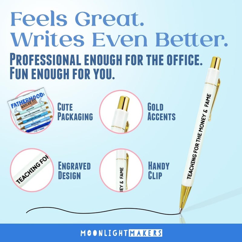 Moonlight Makers - Set of 5 Ballpoint Pens Black Ink- Engraved Funny Pens for Adults - Fatherhood Appreciation Adult Gifts - Ideal Desk Decor for Work and Office Desk - Cute Packaging, Handy Clips - Image 4